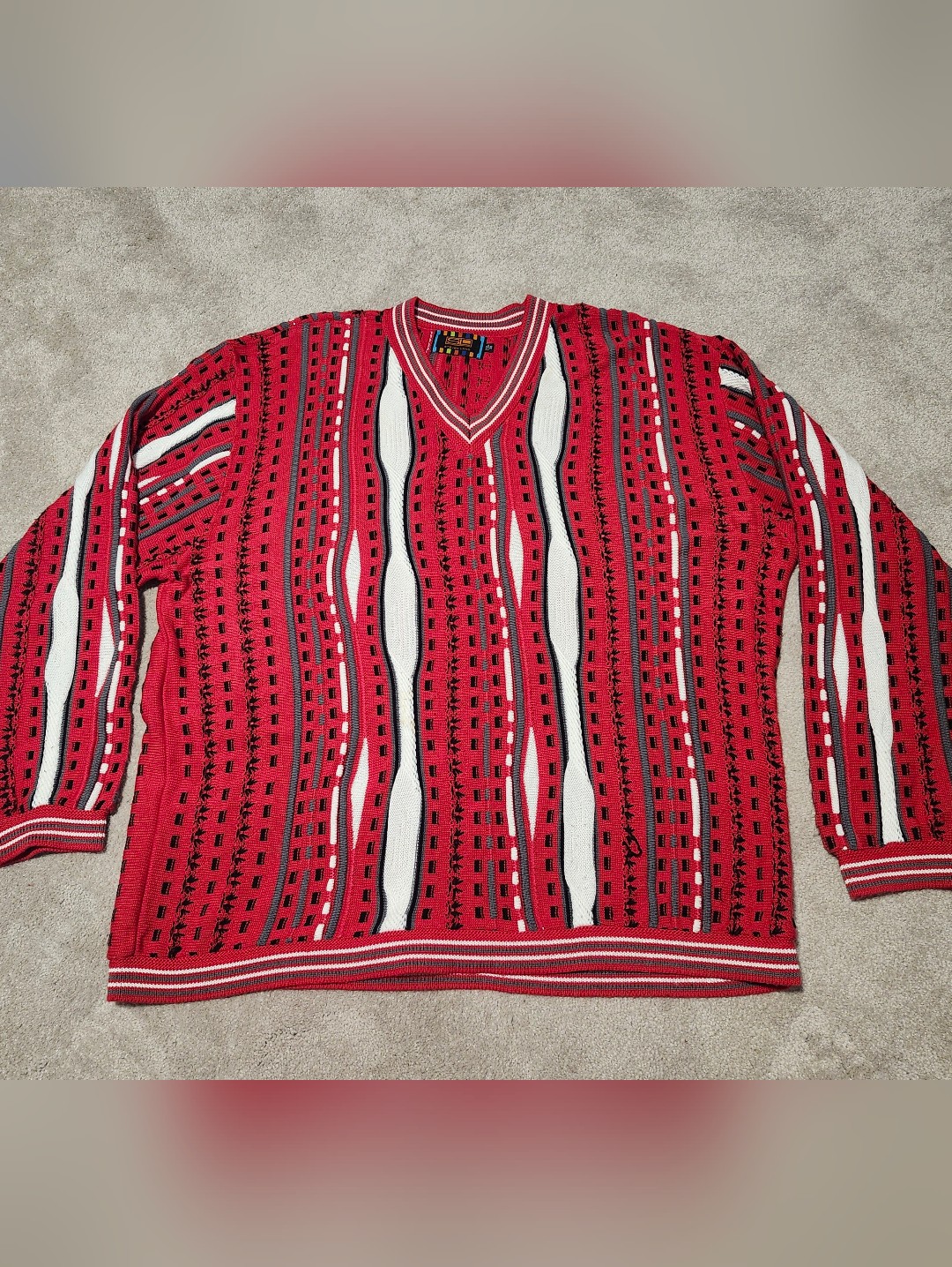 Vtg Steven Land Coogi Style Sweater Mens 3d V-Neck Pullover Colorful Red 3xl